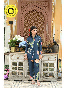 Mahee Jaipur - Navy Blue Brush Floral Print Co-Ord (Set of 2)