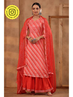Mahee Jaipur - Peach Lehariya Kurta with Sharara and Chiffon Dupatta (Set of 3)