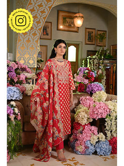 Mahee Jaipur - Reddish Pink Polka Dot Chanderi Kurta with Pant and Dupatta (Set of 3)