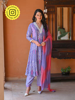 Mahee Jaipur - Lavender Pure Muslin Patola Print Kurta with Pant and Dupatta (Set of 3)