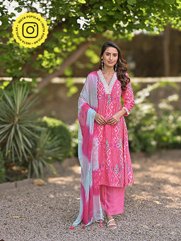 Mahee Jaipur - Pink Pure Muslin Patola Print Kurta with Pant and Dupatta (Set of 3)