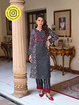 Mahee Jaipur - Black and Red Panel Block Print Pure Muslin Kurta with Pant (Set of 2)