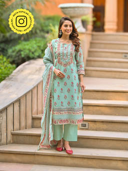 Mahee Jaipur - Blue Daman Block Print Chanderi Kurta with Pant and Dupatta (Set of 3)