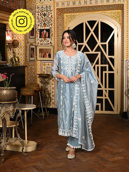 Mahee Jaipur - Blue Chand Pure Chanderi Kurta with Thread Work Pant and Dupatta (Set of 3)