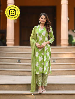 Mahee Jaipur - Green Rosana Floral Print Super Cotton Kurta with Pant and Dupatta (Set of 3)