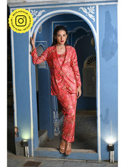 Mahee Jaipur - Coral Blossom Velvet Co-ord (Set of 3)