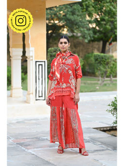 Mahee Jaipur - Red Festoon Sharara Co-ord with Stole (Set of 3)