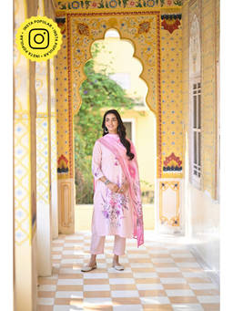 Mahee Jaipur - Blush Pink Floral Print Cotton Kurta with Pant and Dupatta (Set of 3)