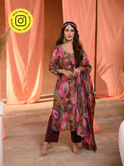 Mahee Jaipur - Wine Begonia Shimmer Organza Kurta with Pant and Dupatta (Set of 3)