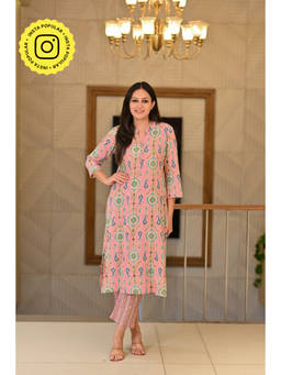 Mahee Jaipur - Blush Pink Ikkat Super Soft Cotton Kurta and Pant (Set of 2)