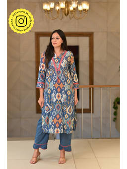 Mahee Jaipur - Aegean Blue Ikkat Print Super Soft Cotton Kurta and Pant (Set of 2)