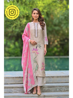 Mahee Jaipur - Muslin Beige Bloom Print Anarkali Kurta with Palazzo and Dupatta (Set of 3)