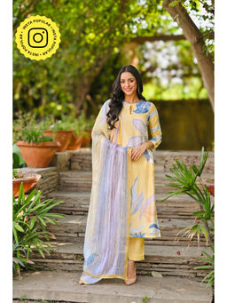 Mahee Jaipur - Yellow Bloom Muslin Spread Thread Work Kurta with Pant and Dupatta (Set of 3)