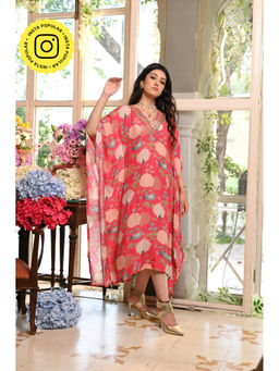 Mahee Jaipur - Punch Pink Floral Print Kaftan with Gota Patti Work On The Neck