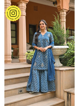 Mahee Jaipur - Blue Lehriya Chanderi Sharara with Kurta Gota Patti Work and Dupatta (Set of 3)