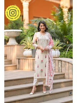 Mahee Jaipur - Handloom Cotton Beige Mughal Print Kurta with Pant and Dupatta (Set of 3)