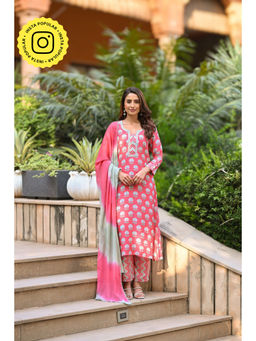 Mahee Jaipur - Cardinal Buti Pink Muslin Chiffon Kurta with Pant and Dupatta (Set of 3)