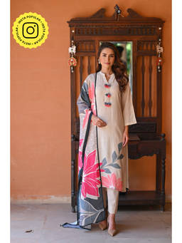 Mahee Jaipur - Sukoon Beige Floral Print Cotton Kurta with Pant and Dupatta (Set of 3)