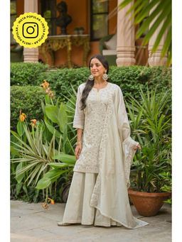 Mahee Jaipur - White Thread Embroidered Lace Chanderi Kurta with Lehenga and Dupatta (Set of 3)