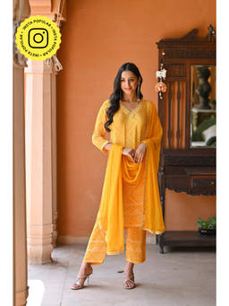 Mahee Jaipur - Orange Sufi Bandhani Lehriya Chanderi Kurta with Pant and Dupatta (Set of 3)