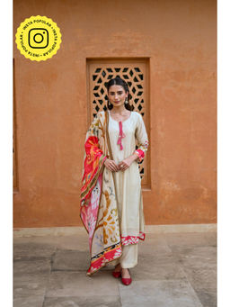 Mahee Jaipur - Beige Muslin Kurta with Pant and Red Printed Dupatta (Set of 3)