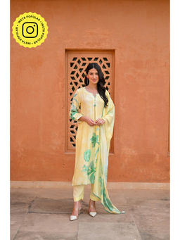 Mahee Jaipur - Yellow Maira Placement Floral Print Muslin Kurta with Pant and Dupatta (Set of 3)
