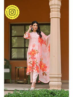 Mahee Jaipur - Pink Maira Placement Floral Print Muslin Kurta with Pant and Dupatta (Set of 3)