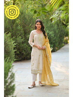 Mahee Jaipur - Ivory Yellow Aarzoo Chanderi Mirror Kurta with Pant and Yellow Dupatta (Set of 3)