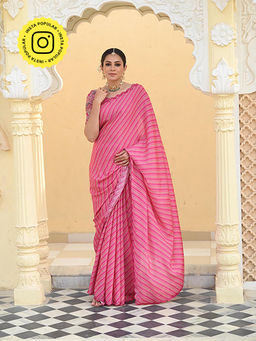 Mahee Jaipur - Pink Lehriya Muslin Saree With Paisley Print Unstitched Blouse