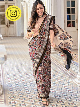 Mahee Jaipur - Dilkash Jaal Block Printed Chanderi Saree With Unstitched Blouse