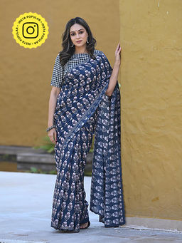Mahee Jaipur - Blue Zainab Hand Block Printed Muslin Saree With Unstitched Blouse
