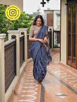 Mahee Jaipur - Pure Hand Block Print Mehr Blue Chanderi Saree with Unstitched Blouse