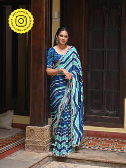 Mahee Jaipur - Blue Green Lehriya Crepe Scallop Mirror Work Saree with Unstitched Blouse