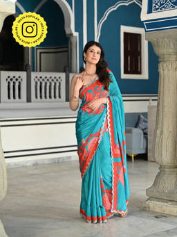 Mahee Jaipur - Blue Placement Floral Scalloped Mirror Border Pure Crepe Saree with Unstitched Blouse