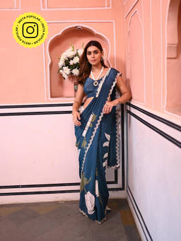 Mahee Jaipur - Teal Blue Placement Floral Mirror Border Crepe Saree with Unstitched Blouse