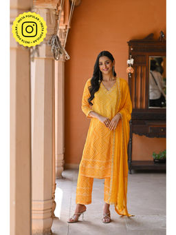 Mahee Jaipur - Yellow Bandhani Crepe Kurta and Pant with Dupatta (Set of 3)