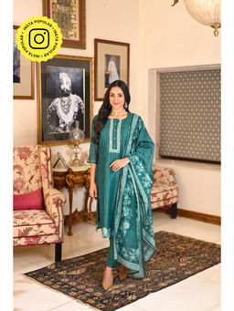 Mahee Jaipur - Rama Green Jashn Floral Print Chanderi Kurta with Pant and Dupatta (Set of 3)