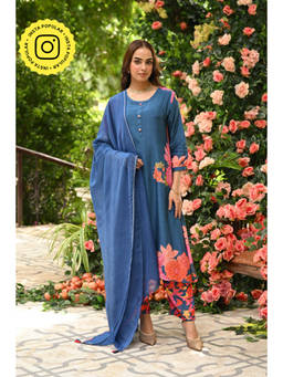 Mahee Jaipur - Blue Floral Rehmat Print Muslin Kurta with Pant and Dupatta (Set of 3)