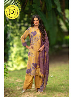 Mahee Jaipur - Yellow Purple Muslin Cut Work Kurta With Pant And Dupatta (Set of 3)