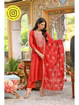 Mahee Jaipur - Red Patola Chanderi Marodi Kurta With Pant And Dupatta (Set of 3)