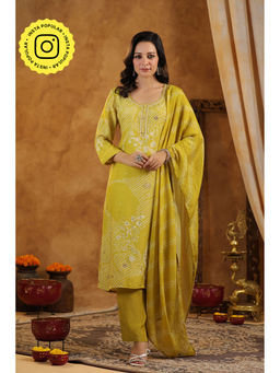 Mahee Jaipur - Yellow Placement Bandhani Muslin Gota Kurta With Pant And Dupatta (Set of 3)