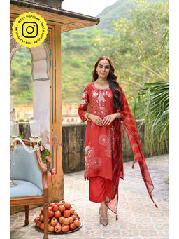 Mahee Jaipur - Red Placement Bandhani Muslin Gota Patti Kurta With Pant And Dupatta (Set of 3)