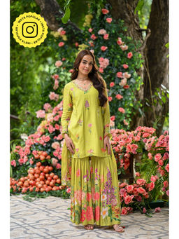 Mahee Jaipur - Green Utsav Floral Print Muslin Sharara With Kurti And Dupatta (Set of 3)