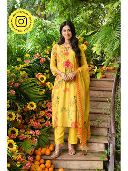 Mahee Jaipur - Yellow Utsav Floral Printed Muslin Kurta with Pant and Dupatta (Set of 3)