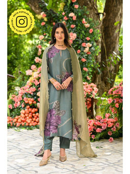 Mahee Jaipur - Teal Green with Purple Floral Print Kurta with Pant and Dupatta (Set of 3)