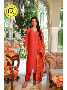 Mahee Jaipur - Red Crushed Tissue Gota Work Kurta with Pant and Printed Dupatta (Set of 3)