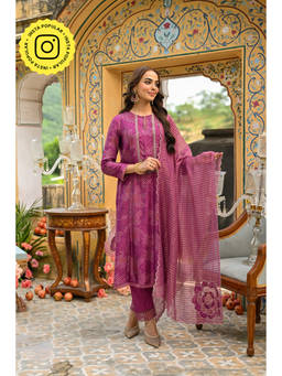 Mahee Jaipur - Wine Muslin Embroidered Bandhani Kurta with Pant and Dupatta (Set of 3)