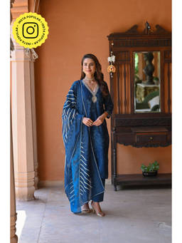 Mahee Jaipur - Navy Blue Sufi Bandhani Chanderi Kurta with Pant and Lehriya Dupatta (Set of 3)