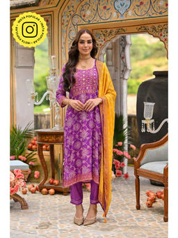 Mahee Jaipur - Purple and Yellow Bandhani Muslin Kurta with Pant and Dupatta (Set of 3)
