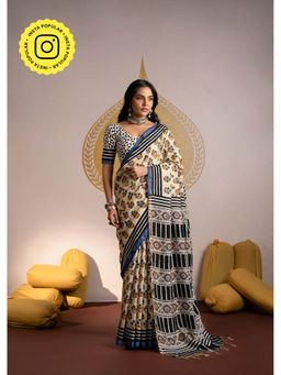 Mahee Jaipur - Beige And Blue Hand Block Print Pure Chanderi Saree with Unstitched Blouse